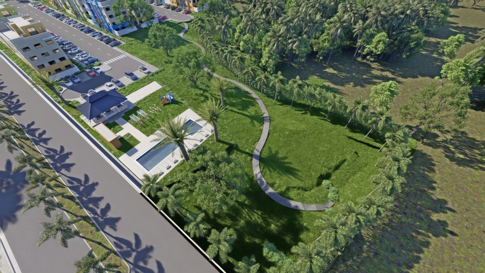 Áreas verdes, piscina y gazebo del residencial